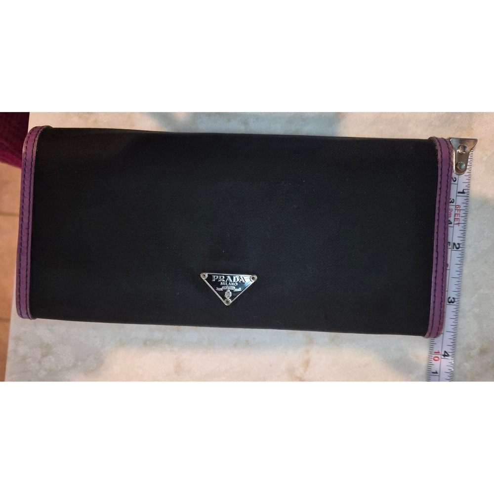 Prada Black Nylon Purple Leather Trim Bow Continental Wallet Triangle Logo Italy